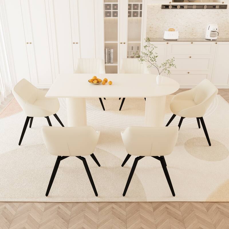 7-Piece Dining Set with Cream Dining Table & 6 PU Leather Chairs - Beige Cream