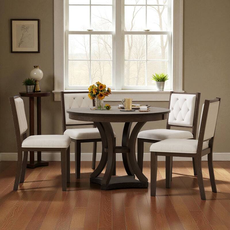 5-Piece Retro Extendable Round Dining Table Set, 42"-58" Wood Table with 4 Upholstered Chairs for Dining Room