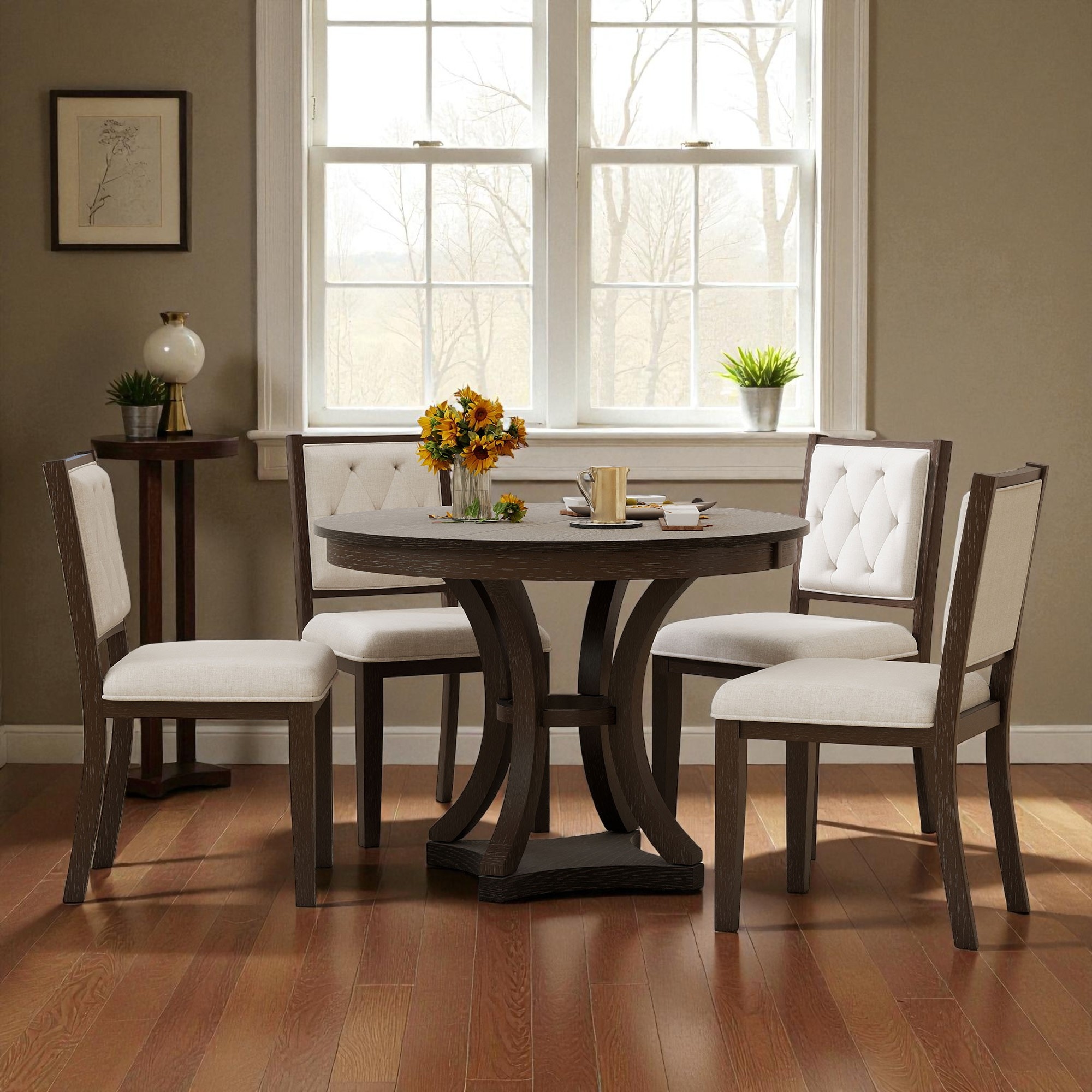 5-Piece Retro Extendable Round Dining Table Set, 42