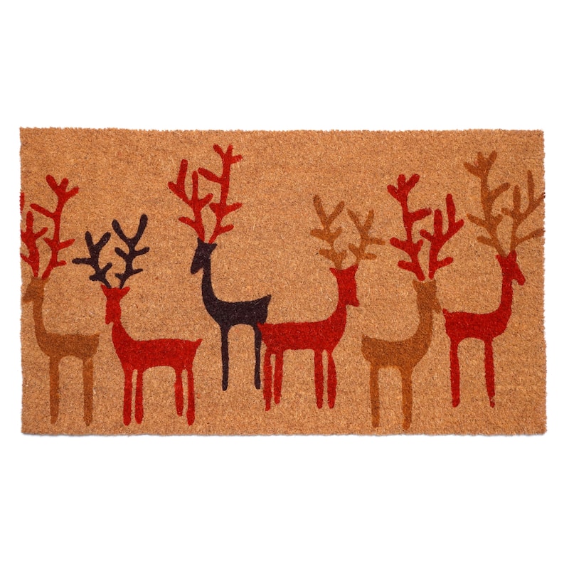 HomeRoots 17" X 29" Brown Red And Black Christmas Deer Outdoor Coir Door Mat - 17.00' X '29.00