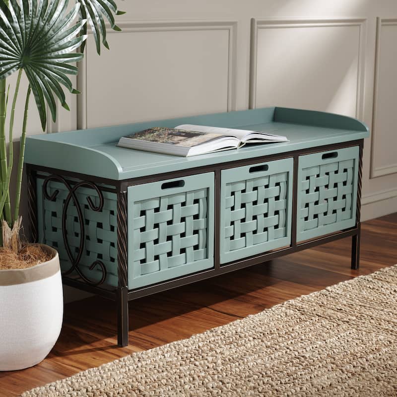 SAFAVIEH Toshie Honey Oak Storage Bench - 42.5" x 15.5" x 20" - 43Wx16Dx20H - Dusty Green