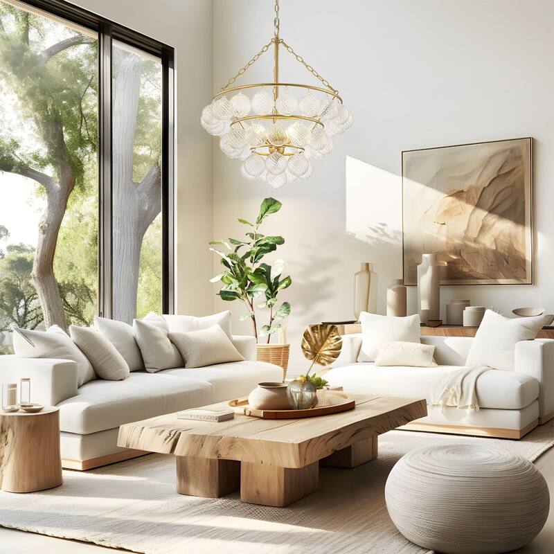 22.8" 4-Light Modern Glam Tiered Cluster Gold Clear Ribbed Glass Globe Shades Chandelier for Living Room