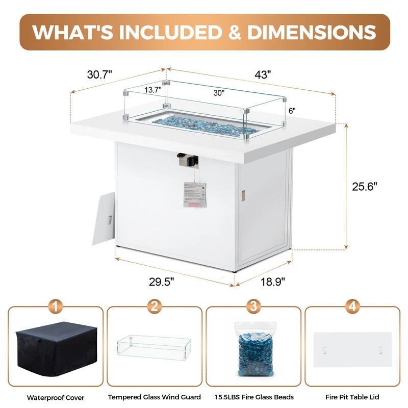 43" Outdoor Aluminum Gas Fire Pit Table, 60,000 BTU, Propane/Natural Gas, Glass Wind Guard