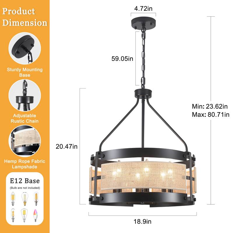 18.9inch 6-Light Farmhouses Chandelier with Metal and Hemp Rope Fabric Patchwork Frame for different rooms