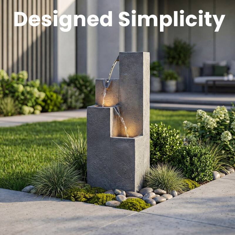 Vbal Modern Minimalist 4-Tier Outdoor Flowing Geometric Floor Fountain with 3 Warm LED Lights