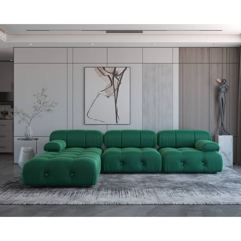 L-Shape Modern Velvet Sectional Sofa , Upholstery 3 seater with ottoman-103.95" - Green