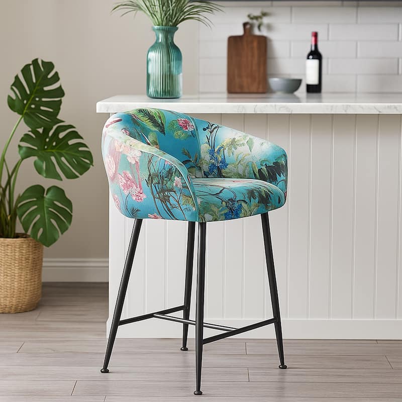 26 Inch Counter Stool Chair, Botanical Floral Print Blue Velvet, Black Legs