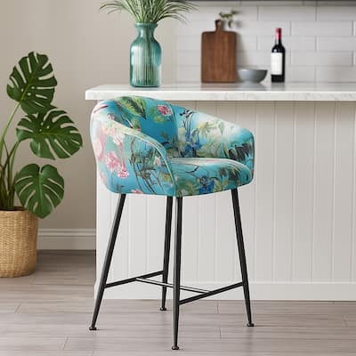 26 Inch Counter Stool Chair, Botanical Floral Print Blue Velvet, Black Legs