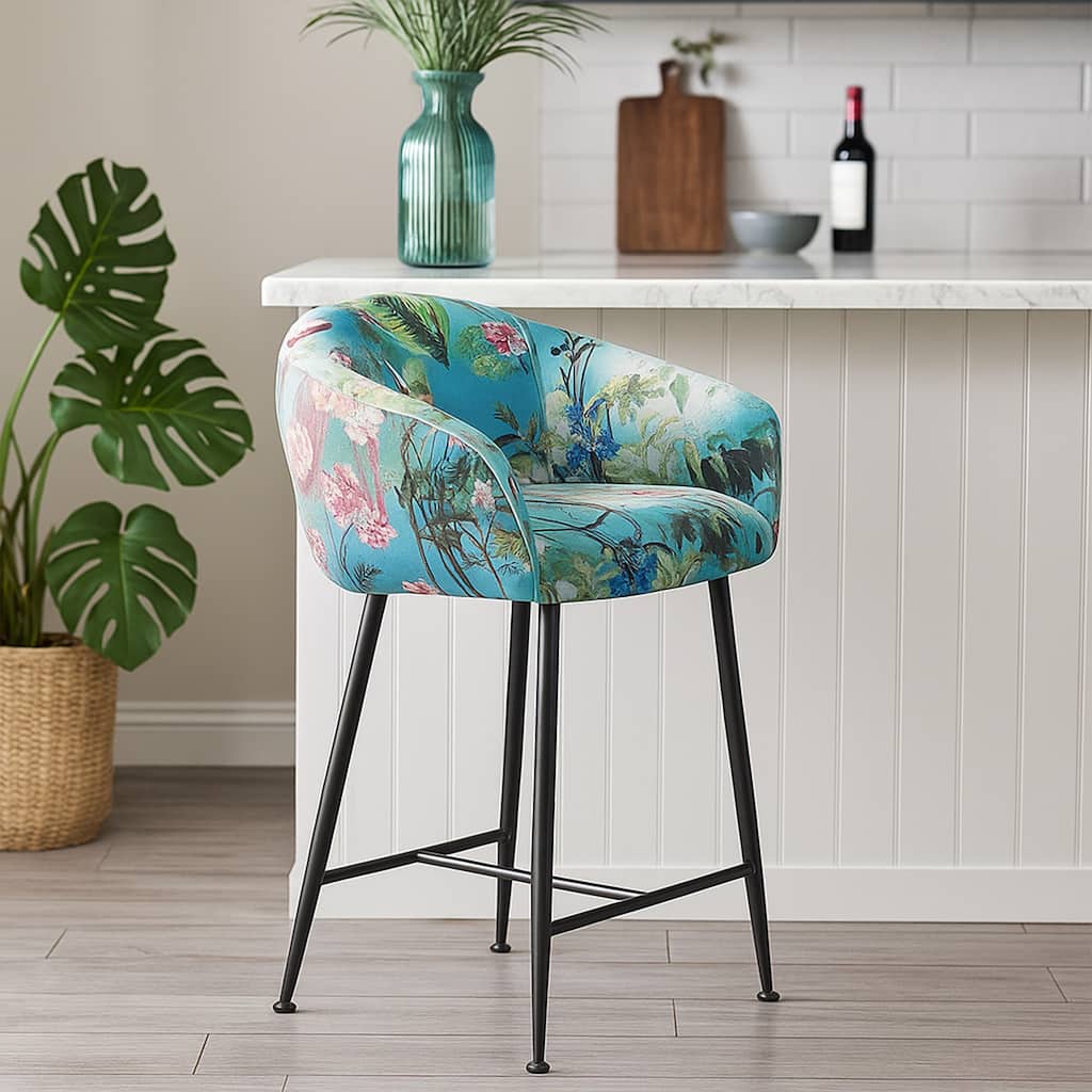 26 Inch Counter Stool Chair, Botanical Floral Print Blue Velvet, Black Legs