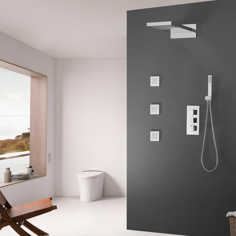 High-pressure Square Thermostatic Rainfall Shower System with HandheldShower & 3 Massaging Jets - Polish Chrome