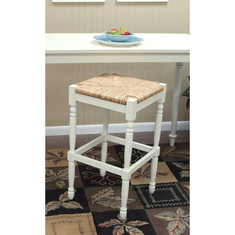 29.75" White and Beige Backless Bar Stool with Hand Woven Rush Seat