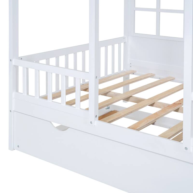 House Platform Bed With Twin Trundle, Wooden Daybed Frame with Rails, Roof and Windows, for Kids Girls Boys