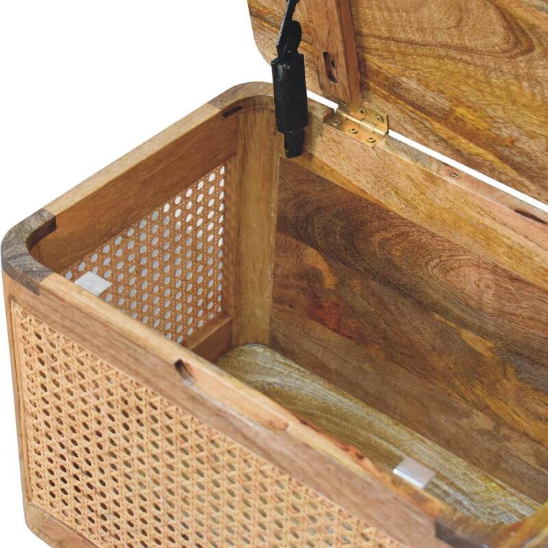 Stylish and Minimalist Wood Lid-up Storage Stool with Rattan Design