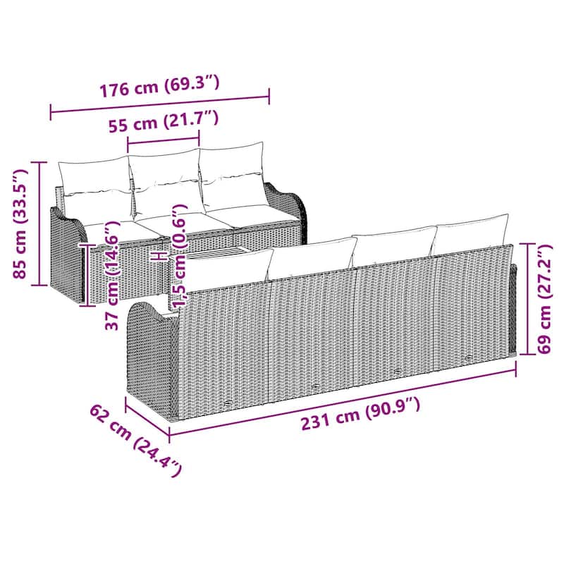 vidaXL 8 Piece Garden Sofa Set with Cushions - 90.9×24.4×27.2