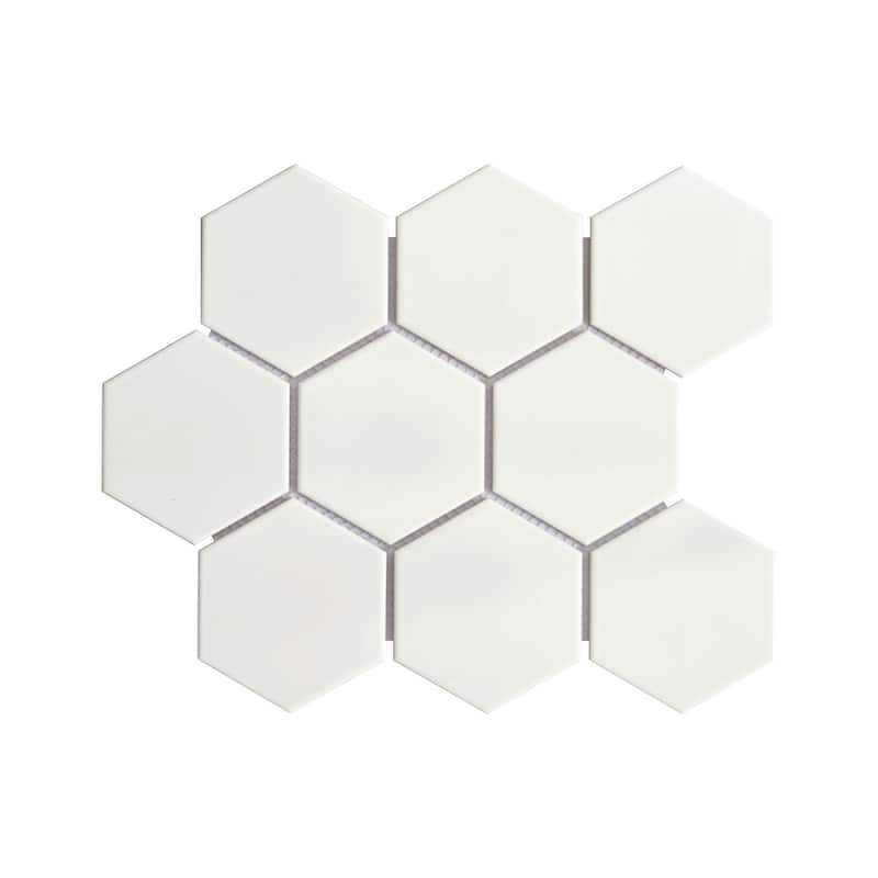 Porcelain Mosaic Tiles - White 4" Hexagon Mosaic Tiles - Case (10 Sheets) - White