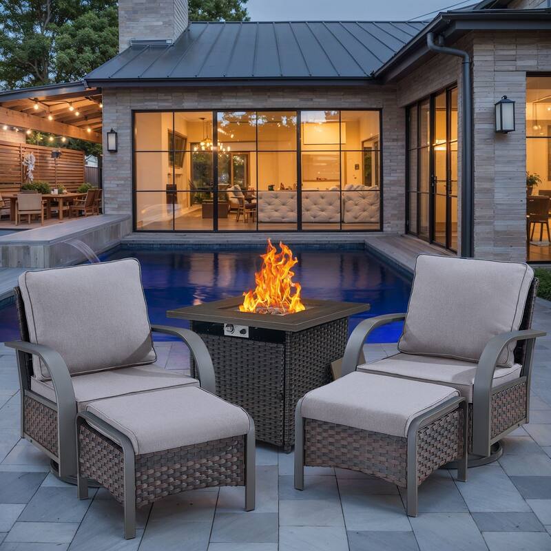Outdoor Fire Pit with Funiture Set - Brown Rattan - Beige Cushion - 5PC-Swivel Chair Ottoman w/ Rattan Fire Table