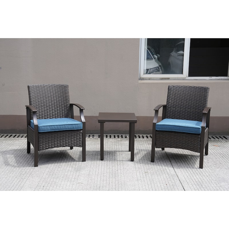 3 Pieces Outdoor Furniture Set, Wicker Table and Chairs - Peacock Blue