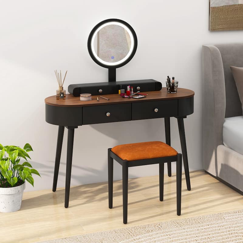 Costway Solid Wood Makeup Vanity Desk Set with LED Lighted Mirror - Black + Brown