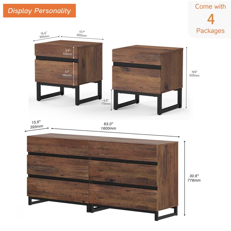 3-Piece Dresser And Nightstand Set, 63 Inches Dresser With 6 Drawers, 2 Nightstand With 4 Drawer, Bedroom Furniture Set