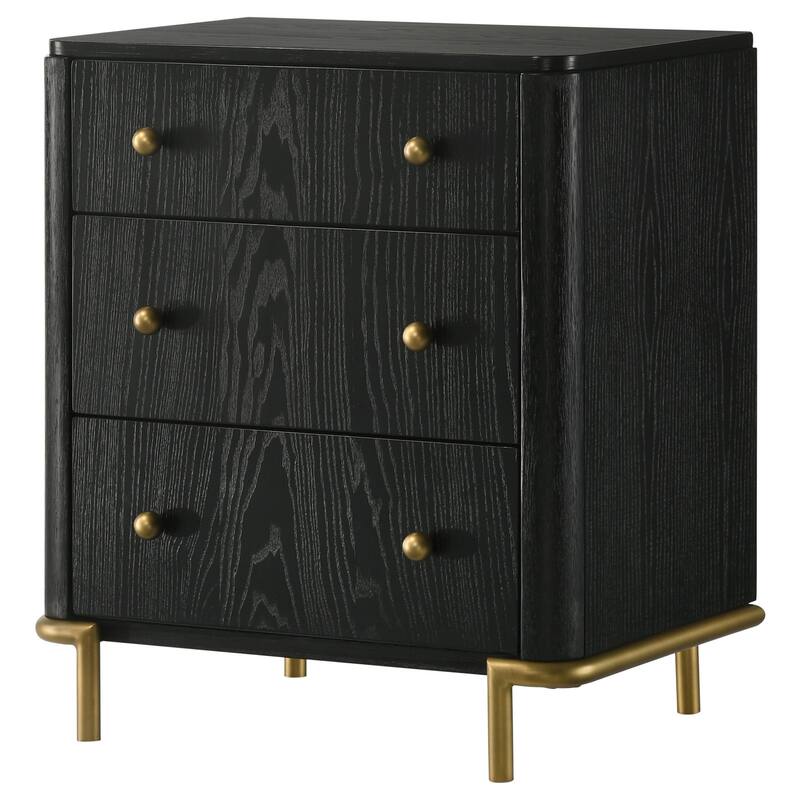 Fij Nightstand, 3 Drawers, USB Port, Golden Metal Legs, Knobs, Black Wood