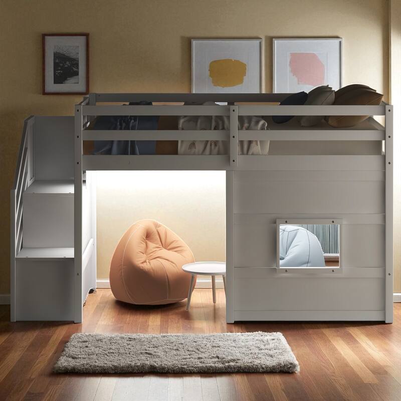 Twin Size Loft Bed with Storage Staircase, Window, LED Light and Guardrails, Solid Wood Frame