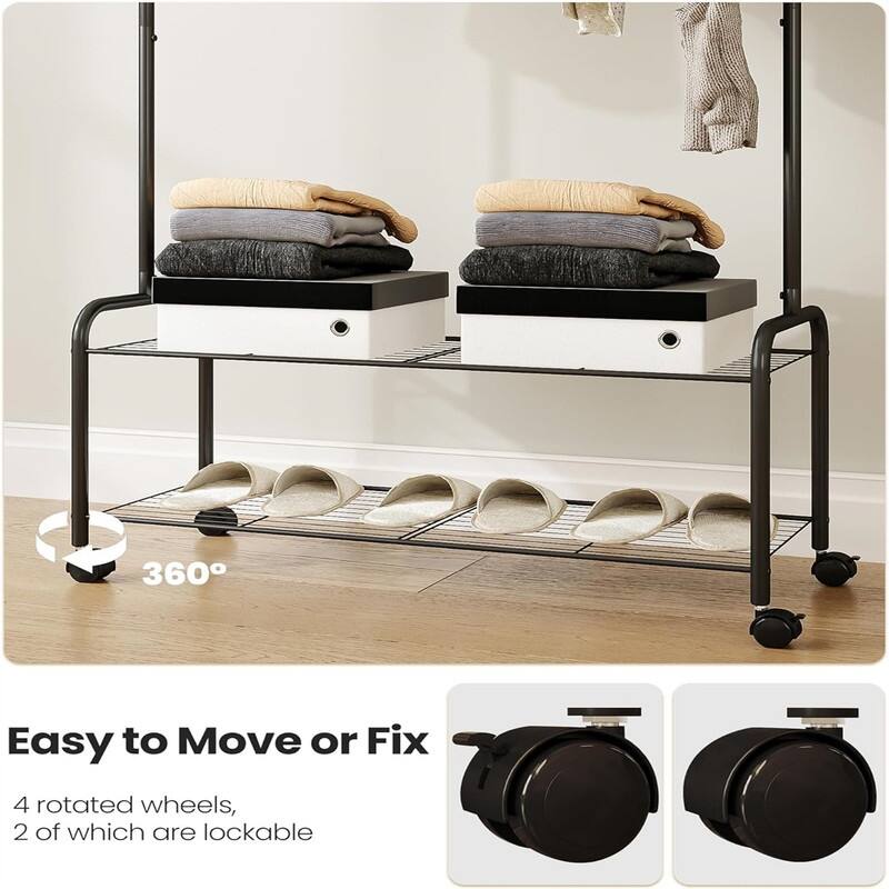 Clothes Rack Garment Rack 2 In 1 Design Clothing Rack with 4 Wheels - 33.4"D x 12.5"W x 64.5"H
