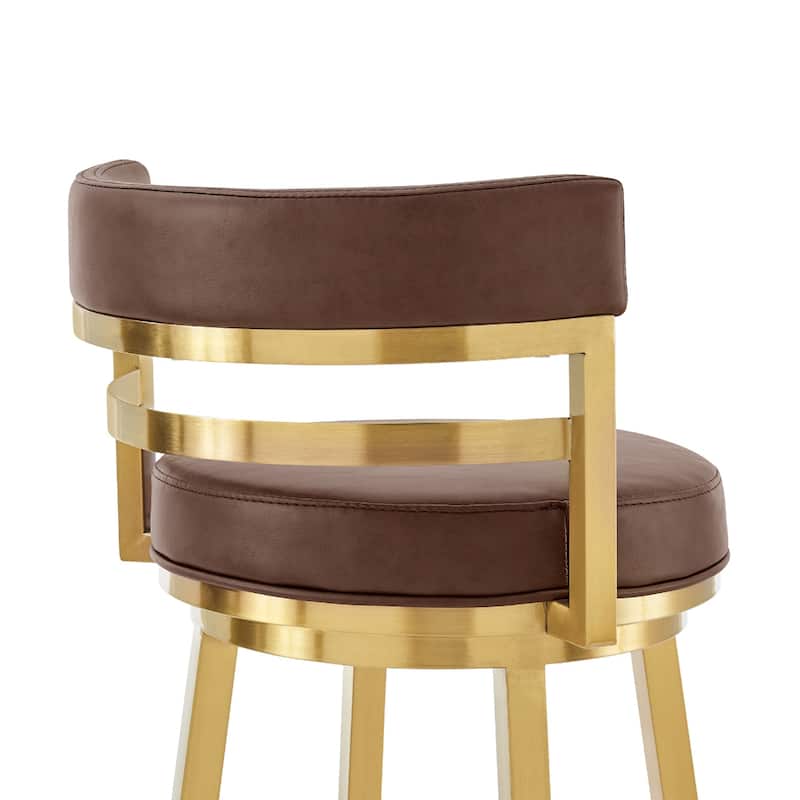 Coffee Faux Leather Counter Chair with Gold Legs, Swivel Seat and Low Back - 21” x 20” x 35” (D x W x H)