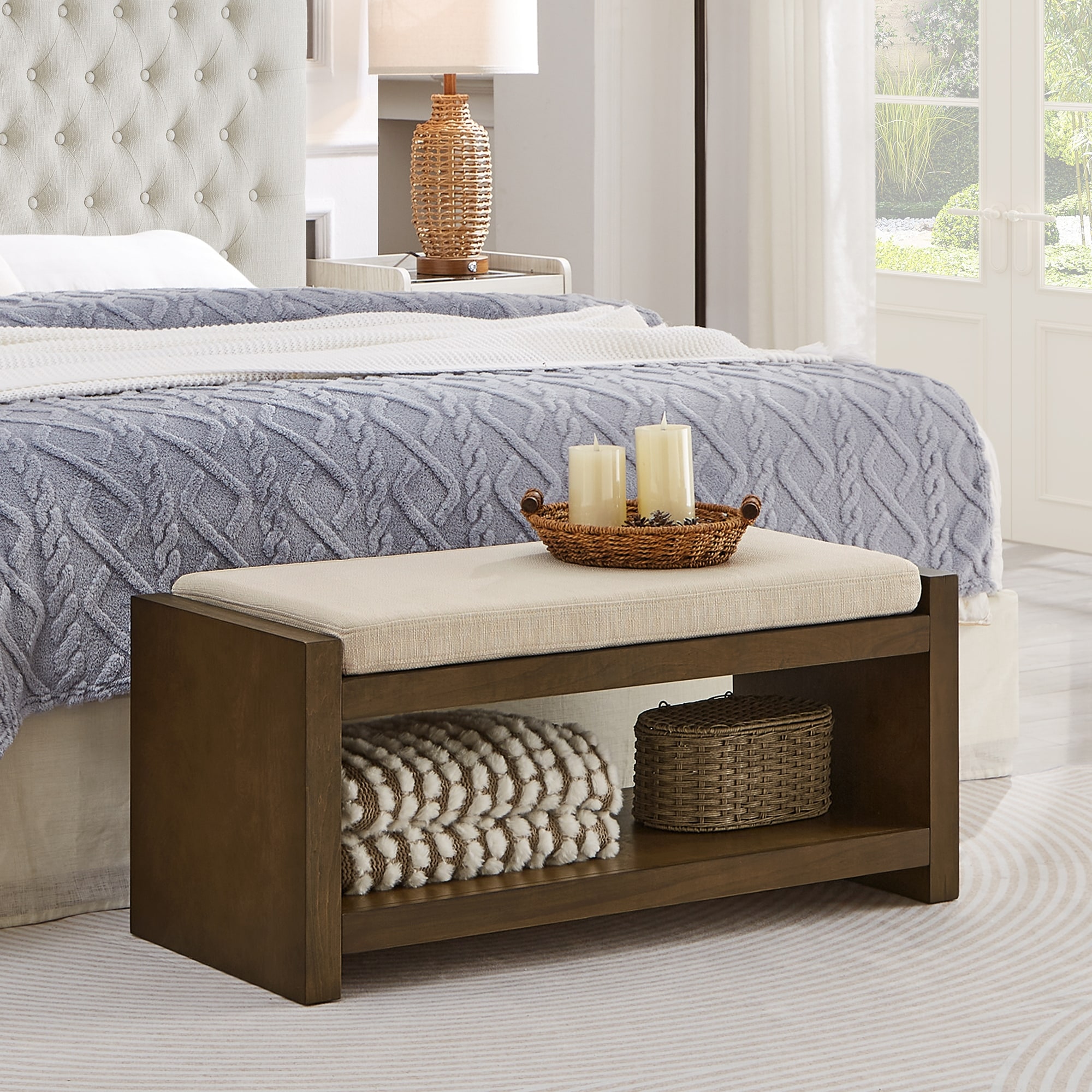 Roomfitters Accent Bench with Shoe Rack and Removable Linen Cushion