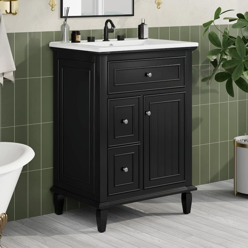 24" Bathroom Vanity with Sink, Bathroom Vanity Cabinet with One Flip Drawer and Two Drawers, Adjustable Shelf - Black