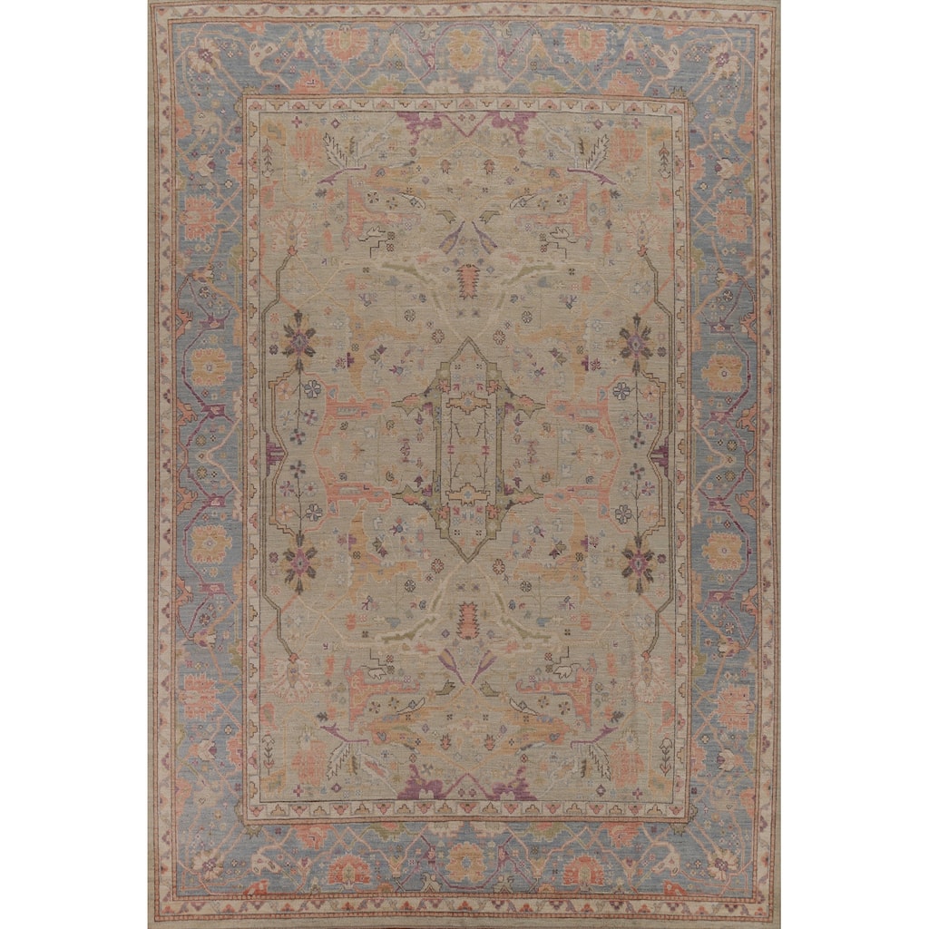 Hand Knotted Oriental 100% Wool Carpet Transitional All-Over Beige & Ivories Oushak Area Rug - 11' 9'' X 9' 1''