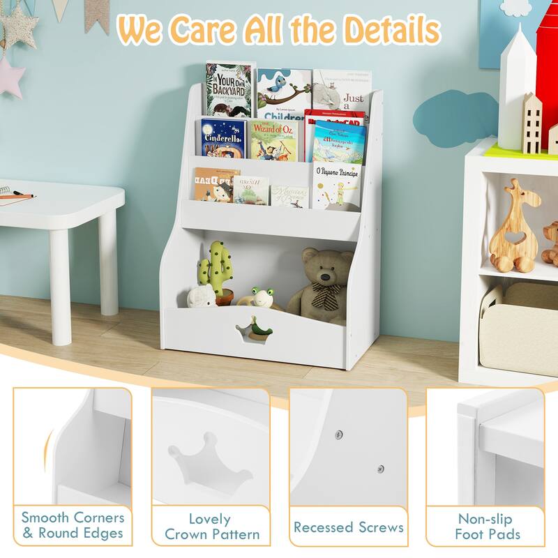 Gymax Kids Bookshelf 4-Tier Wooden Bookcase Toy Storage Organizer