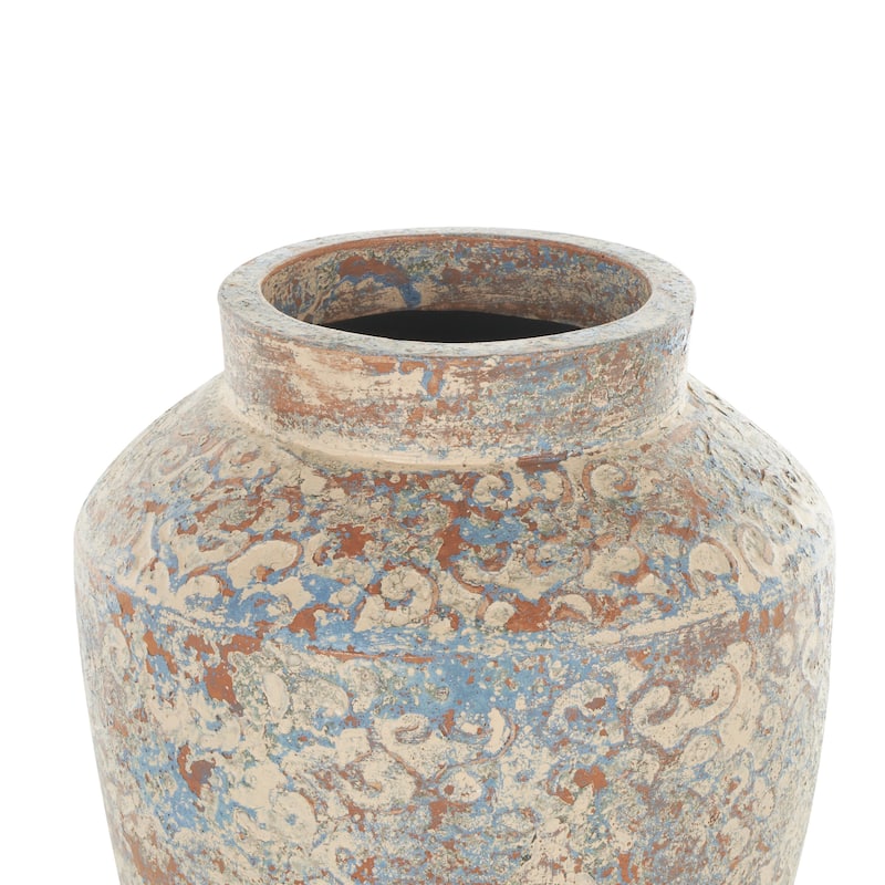 Ceramic Scroll Handmade Antique Style Decorative Vase with Blue and Copper Accents - Beige - Roche River Decor