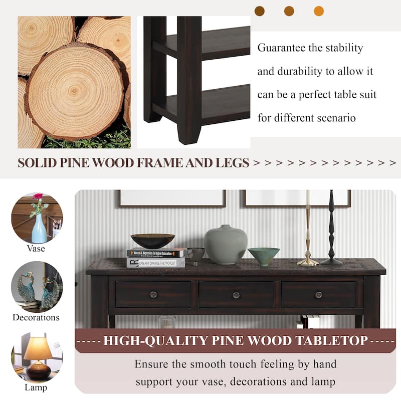 3-Tier Console Table, Entryway Table with Pine Wood Top 3 Storage and Drawers, Sofa Side Table With 2 Open Storage Shelf