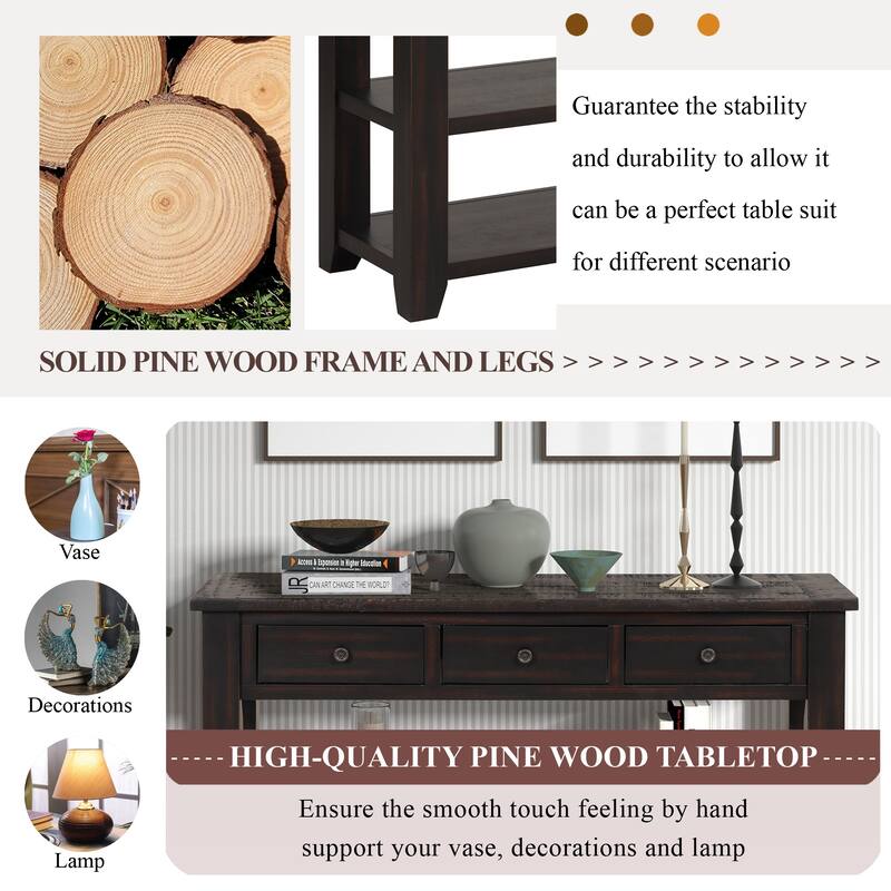 48'' Solid Pine Wood Top Console Table, Modern Entryway Sofa Side Table with 3 Storage Drawers and 2 Shelves