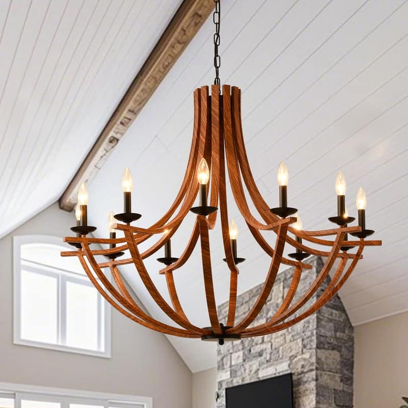 Vintage Farmhouse Chandelier Candle Style Wooden Chandelier Pendant Light Adjustable Height Rustic Hanging Light  - 39 in