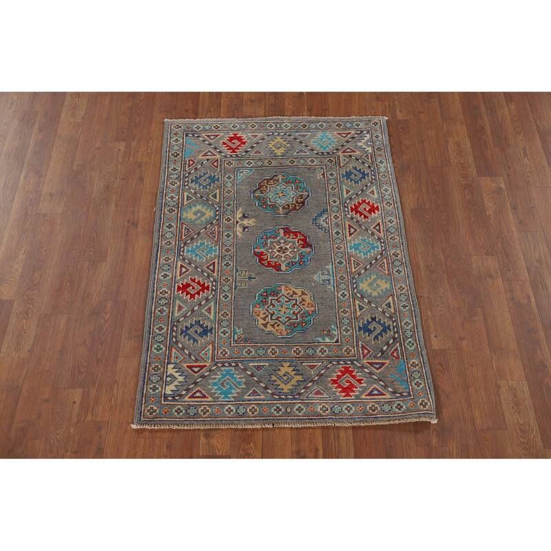 All-Over Gray Kazak Oriental Foyer Rug Hand-Knotted Wool Carpet - 2'8" x 4'1"