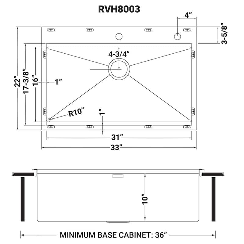 Ruvati 33 x 22 inch Workstation Ledge Drop-in Topmount Kitchen Sink 16 Gauge Stainless Steel Single Bowl - RVH8003 - 33" x 22"