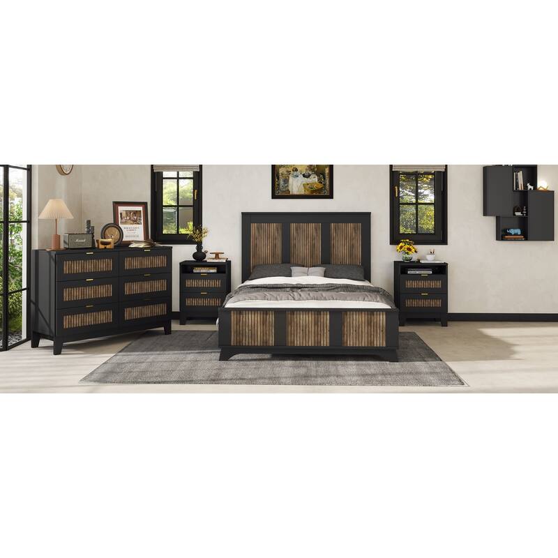 Stylish Platform Bed Slats Support Wood Bed, Rustic Farmhouse Style Bed Frame with Wooden Strip Decoration Elevated Headboard