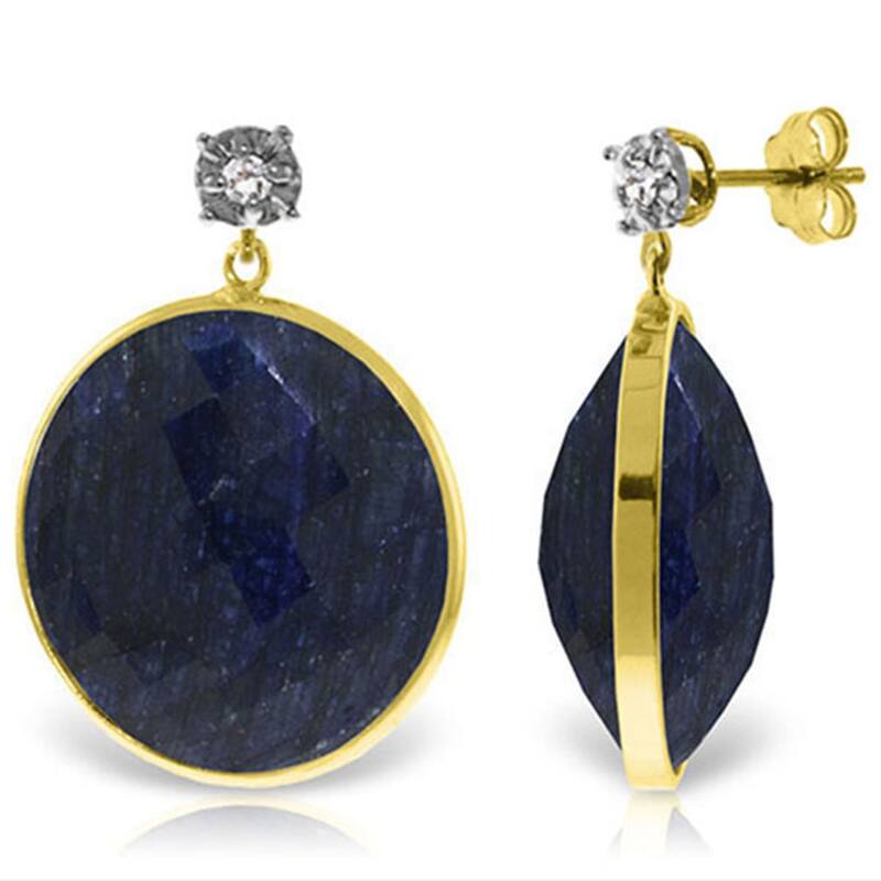 14K Solid Gold Diamonds Stud Earrings w/ Dangling Round Cut Sapphires - Yellow