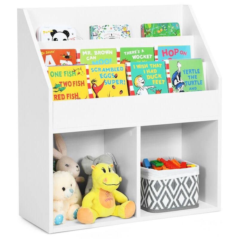 Gymax Kids Wooden Bookshelf Bookcase Children Toy Storage Cabinet - See Details - White - See Details