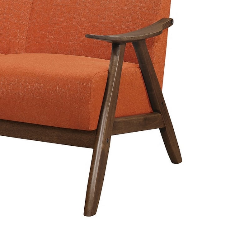 Indy 73 Inch Sofa, Brown Wood Angled Frame, Cozy Textured Orange Fabric