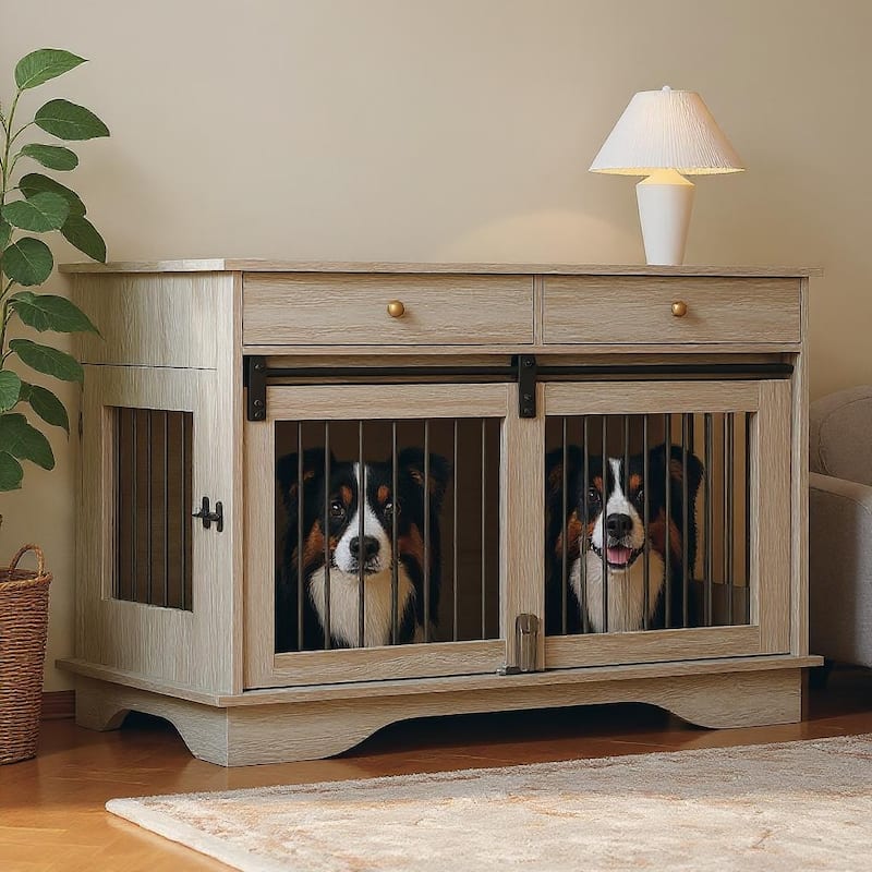 Dog Crate Furniture with Barn Door, Removable Divider, 47" - Grey