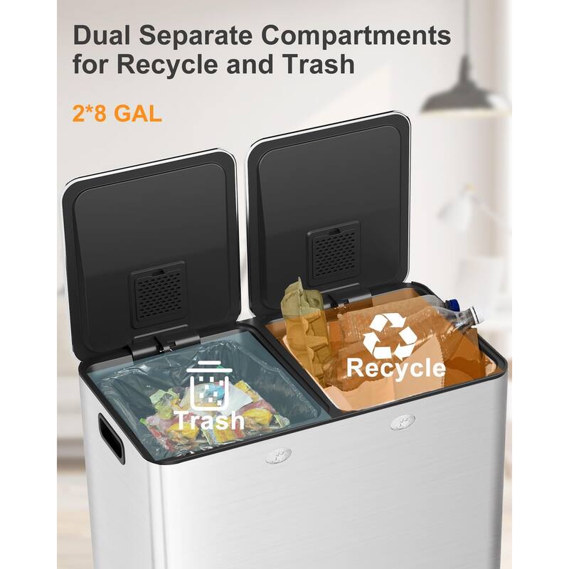Large Dual Trash Can 2 x 8 Gallons- 60 Liters Stainless Steel Kitchen Double Trash Can