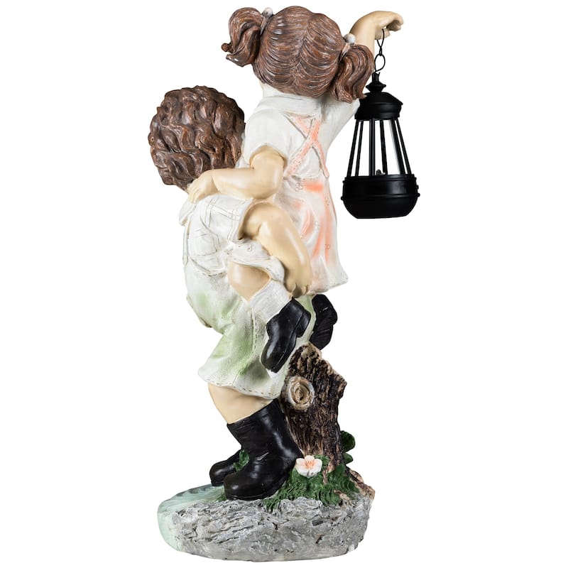 LED Solar Lighted Boy and Girl with Lantern Outdoor Garden Statue - 19.5"