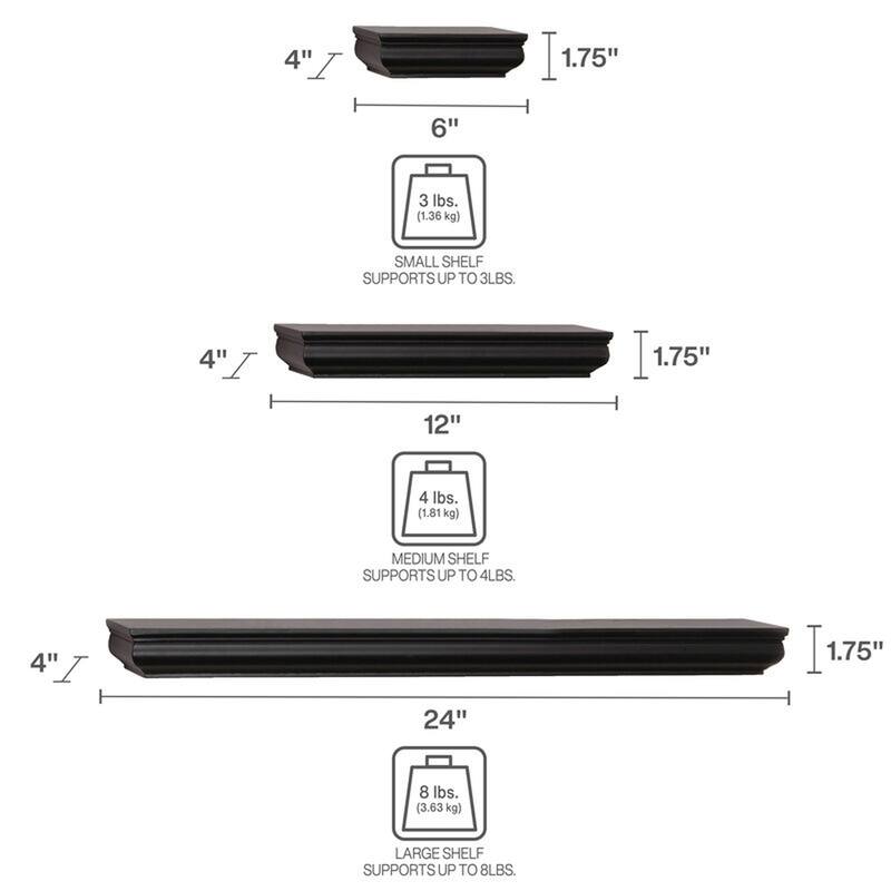 Melannco Set of 5 Black Molding Shelves , 2-6, 2-12, 1-24 Inch