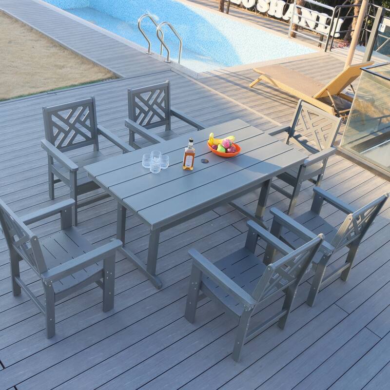 7 Piece HDPE Dining Table and 6 Chair with Umbrella Hole Casual Dining Set Outdoor Patio Poolside Picnic Beer Table - Grey