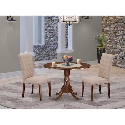 HomeStock 3-Piece Round Mahogany Finish Solid Wood Top Dining Table with 2 Parson Chairs with Drop Leaf