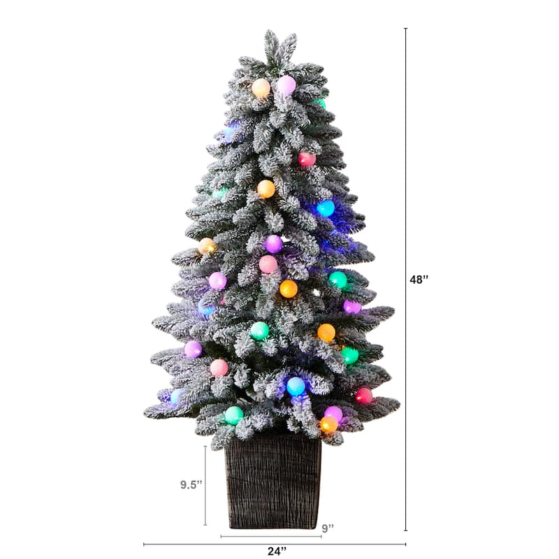 4’ Pre-Lit Flocked Artificial Christmas Potted Tree, Multicolor LED Lights - 4 Foot