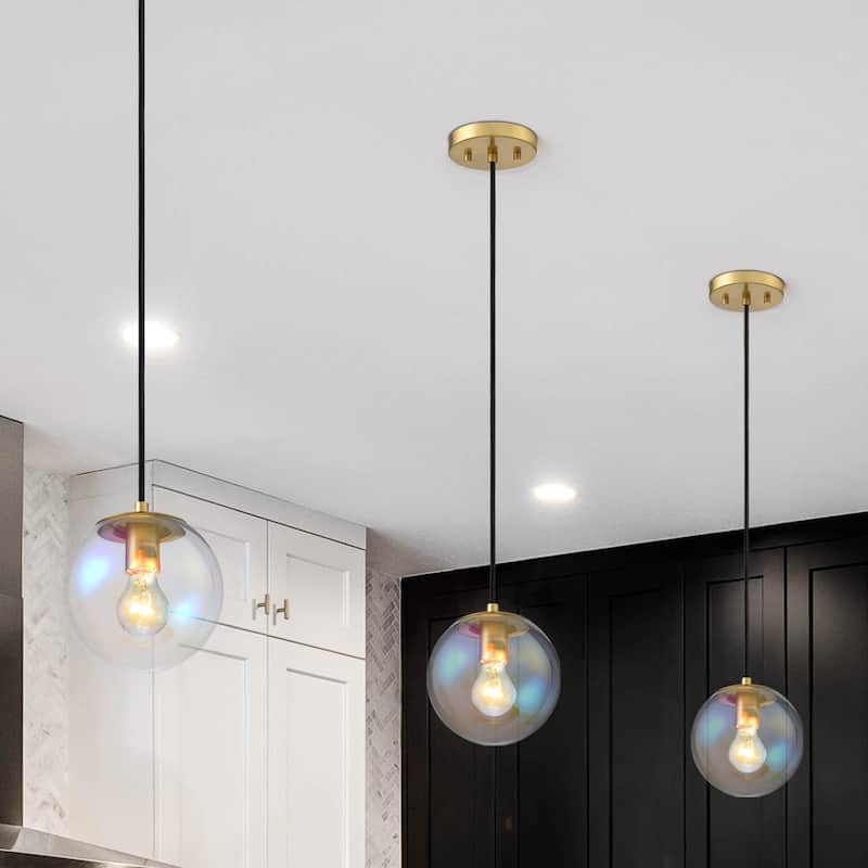 Neva 60 Watt 1-Light Brushed Gold Globe Pendant Light with Clear Iridescent Glass Shade - 7.75