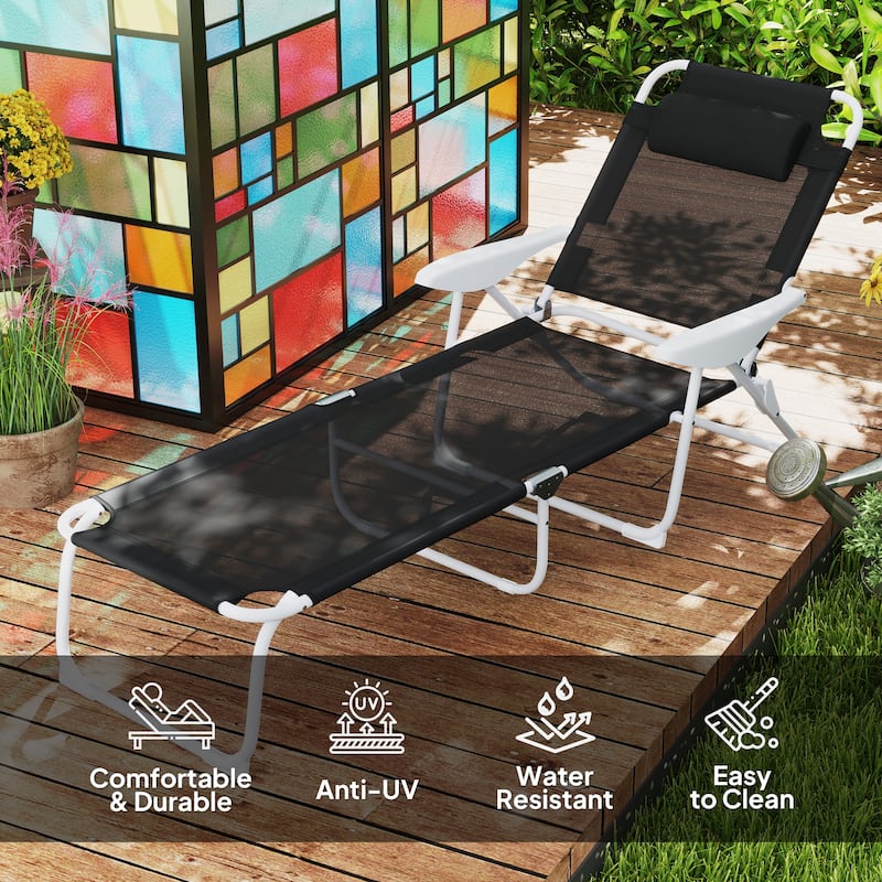 Foldable Adjustable Chaise Lounge Chair with Pillow and Armrests Portable Mesh Sun Lounger for Patio Poolside and Backyard